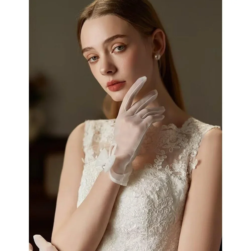 Women's Blush Bow Tulle Pearls Mesh Tea Short Gloves Party Prom Accessories